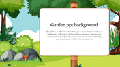 Background slide featuring a lush garden scene with trees, bushes, rocks, and mushrooms with a central text box frame.