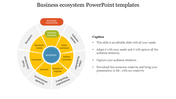 Colorful circular diagram slide representing a business ecosystem with many sections and placeholder text.