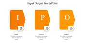 Input Process Output slide with three orange sections labeled I, P, and O, each representing a stage with icons below.