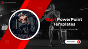 A pack of Gym PPT slides featuring fitness themes with text descriptions and a modern red with black design.