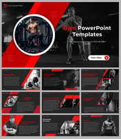 A pack of Gym PPT slides featuring fitness themes with text descriptions and a modern red with black design.