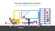 Gym template illustration with three people using different workout equipment in a gym setting.