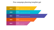 Five-year campaign plan layout with color-coded sections, each labeled by year from 2019 to 2023.