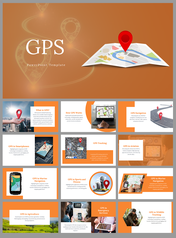 A pack of GPS slides highlighting various uses of GPS technology and text descriptions on an orange theme and pictures.