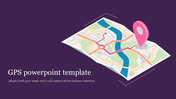 Illustrated map with a red dotted route and a pink location pin, placed on a purple background with text.