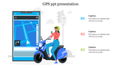 Illustration of a person using GPS on a smartphone while riding a scooter, with a map displayed on the screen with captions.