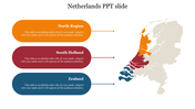 Three colored regions on a map of the Netherlands, with orange, red, and blue labels for different areas.