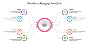 Benchmarking slide with a central icon representing analysis and six surrounding icons connected by lines with captions.