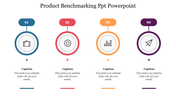 Slide showcasing a four step product benchmarking process with colorful icons and captions for each stage.