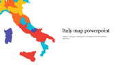 Colorful map of Italy slide, showcasing different regions in various vibrant colors with space for text.