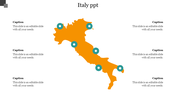 Minimalist Italy map design in orange, showcasing teal location pins and labeled captions areas.