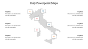 Italy map in gray with six numbered boxes in various colors and captions placed on both sides.