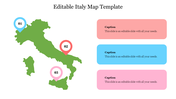 Green Italy map with numbered markers in blue, red, and pink, linked to captions in matching colored text boxes.