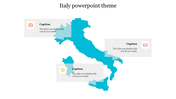 Italy themed PowerPoint slide featuring a blue map outline with three caption boxes.