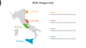 Italy map template featuring highlighted regions for headings and captions in a presentation layout.