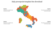 Italy map composed of colorful circular dots with four captions on each side for easy labeling.