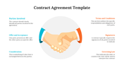 A handshake illustration with teal and orange shirts in the center and matching captions placed around it.