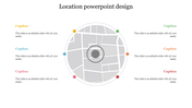 Location PowerPoint design featuring a map with colored markers and caption fields.