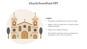 Illustration of a beige and brown church with two bell towers and bullet point text on the right.