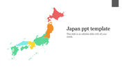 Color coded map of Japan with labeled regions in shades of green, yellow, blue, orange, and red, placed next to text.