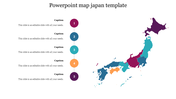 Multicolored map of Japan with five numbered circles in different colors and corresponding captions on the left.