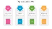 Operational Cost PPT slide with four colored sections: cost analysis, evaluation, cost tracking, and operating cost.