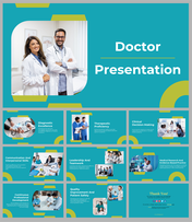 Doctor-themed slides with sections on healthcare with images and text descriptions on a teal background with a title area.