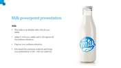 Slide showing a glass milk bottle with label in blue, and bullet point text on the left set on a white background.