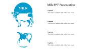 Blue and white illustration of a cow above a milk jug, with four captions on the right.