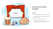 Theater PPT slide with red curtains, popcorn, 3D glasses, ticket, and text about capturing audience attention.