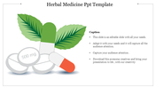 Herbal medicine slide with leaves behind capsules in green and orange, with white tablets labeled 500 mg.