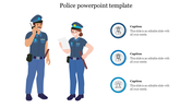 Slide with illustrated police officers on the left and three circular icons with captions on the right on a blue theme.