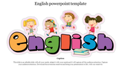 Colorful English template illustrates with playful four happy cartoon children, animated letters, and a caption below.