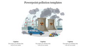 Pollution themed slide with factory emissions, smoke clouds, and radioactive waste symbols in an industrial setting.