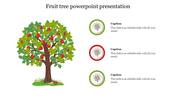 Illustration of a fruit tree with red apples and three circular icons with captions on the right.