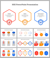 Slide deck with hexagon diagrams for health, safety, and environment, featuring various colorful layout designs.