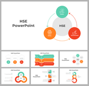 HSE cover slide deck with icons representing health, safety, and environment in green, orange, and red.