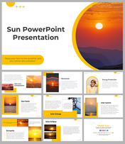 Slide deck featuring a sunset image with a sun icon overlay and text with a quote below.