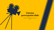 Cinema-themed slide with a yellow background, featuring a silhouette of a vintage film camera and a vertical strip of film.