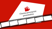 Cinema presentation slide with a red background, featuring a film camera icon and a film strip across the bottom.