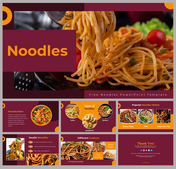 Colorful noodle slide deck with images of dishes, types, cuisines, and benefits, set against a red and orange backgrounds.