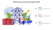 Electricity themed slide featuring a power tower, solar panels, wind turbine, and two engineers working on site.