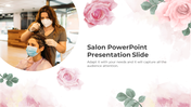 A hairstylist with mask works on a client in a salon, surrounded by a floral border of pink roses and green leaves.