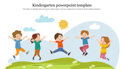 Kindergarten template featuring children joyfully playing outdoors with a bright sun and clear skies.