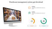 Slide showcasing a warehouse management system with an image of organized storage and text sections with icons.