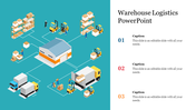 A slide depicting warehouse logistics with forklifts, trucks, stacked boxes connected to a central warehouse, and captions.