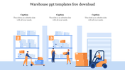 Illustration of warehouse workers handling boxes on shelves and using a forklift to move items with three caption areas.