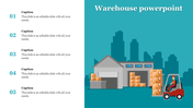 Illustration of a warehouse with boxes and a forklift on a teal background, with five numbered captions on the left.