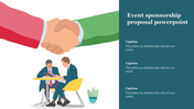 Illustration of two men at a table reviewing paperwork with a handshake symbolizing an event sponsor with a placeholder text.