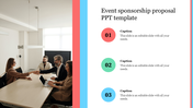 Event sponsorship proposal slide featuring three key points with captions and an image of professionals in a meeting.